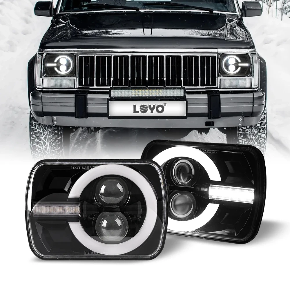 120W 7 pulgadas LED Hi Lo Faro faro 7X6 5X7 "Faro LED cuadrado secuencial todoterreno faros con flecha Ojos de Ángel DRL para Jeep