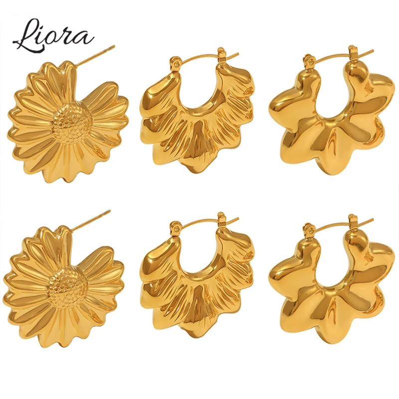 Liora Fashion Stainless Steel Dangle Earrings For Women Flower U Shape Charm Hoop Earrings Women Waterproof Jewelry Gifts