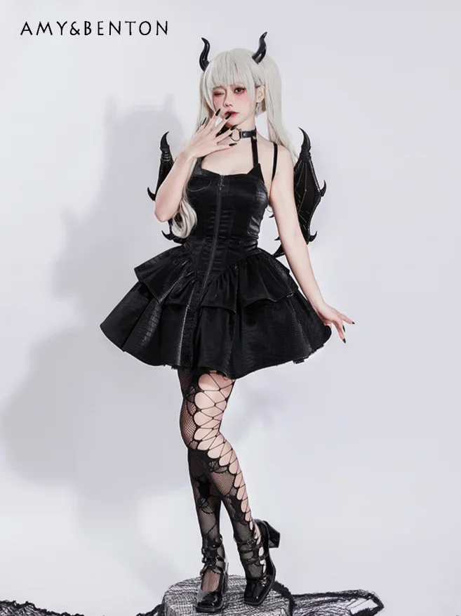 Street Dark Punk Lolita Dress Women Heavy Industry Printed Leather Slim JSK Dress Subculture Y2K Hot Girl Mini Ball Gown Dresses