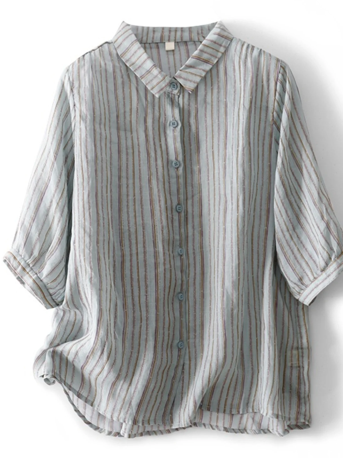 

Retro Flax Vertical Stripes Women's irt Summer Faion Loose Versatile Turn-down Collar Cotton Linen Seven Sve Tops