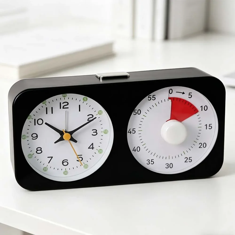 A dual alarm clock with mechanical countdown function - featuring a clear and readable display and a stylish design