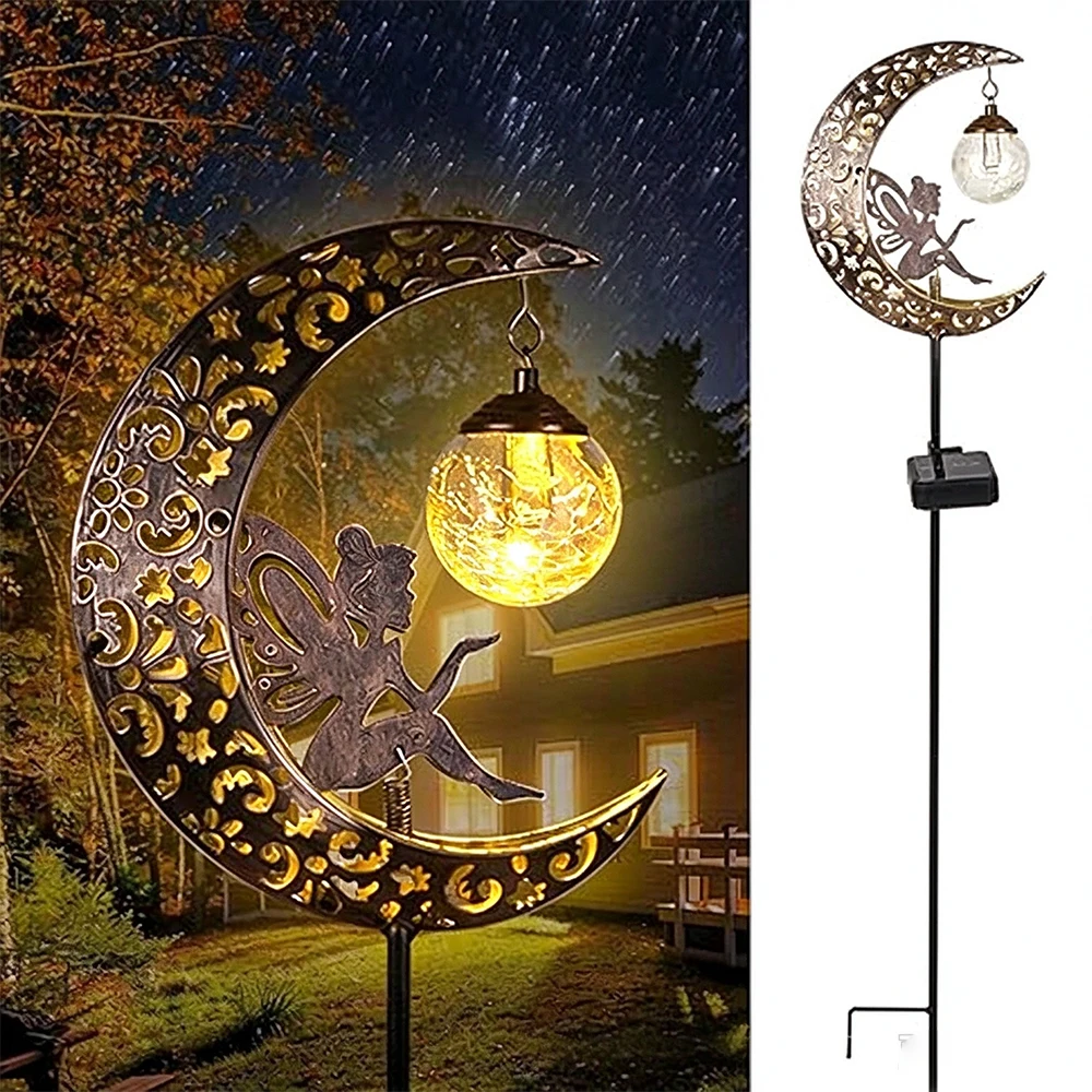 Solar Moon Fairy Garden Stake Light Metal Hollow Moon Outdoor Decorative Light Outdoor Yard Decor Lamp for Lawn Patio Garden