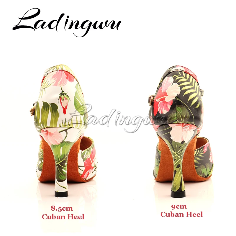 Ladingwu Monstera Print PU Latin Dance Shoes Women's Social Ballroom Dance Shoes Girls Simple Style Salsa Dance Shoes Soft Botto