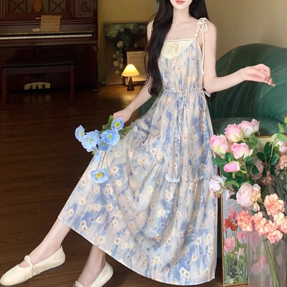 طقم كارديجان من قطعتين بطباعة زهور حلوة مع دانتيل، مقاس كبير للصيف، زي سفر ريفي أنيق باللون الأزرق بخصر مرتفع...