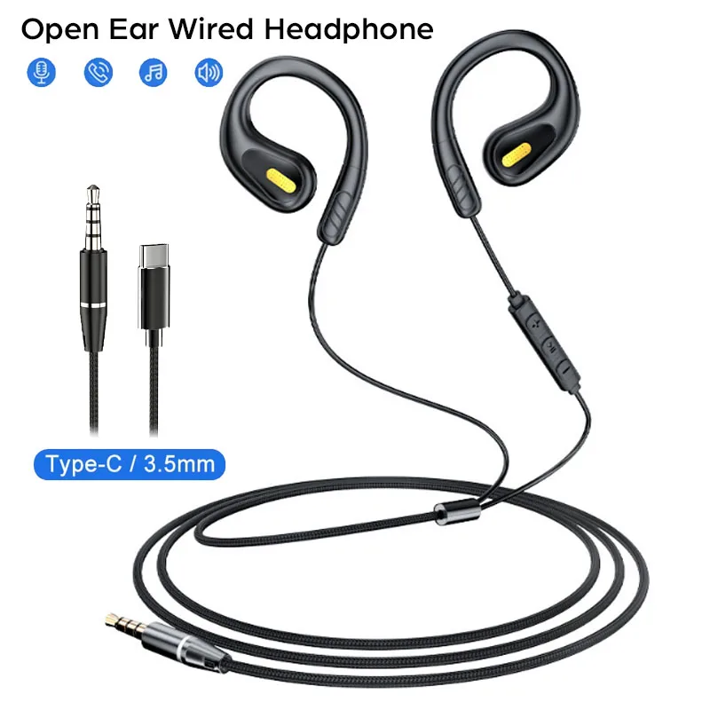 Cuffie da gioco sportive a orecchio aperto cablato Cuffie da 3,5 mm Type-C non intrauricolari Auricolari musicali con suono Hi-Fi con microfono ENC per chiamate chiare