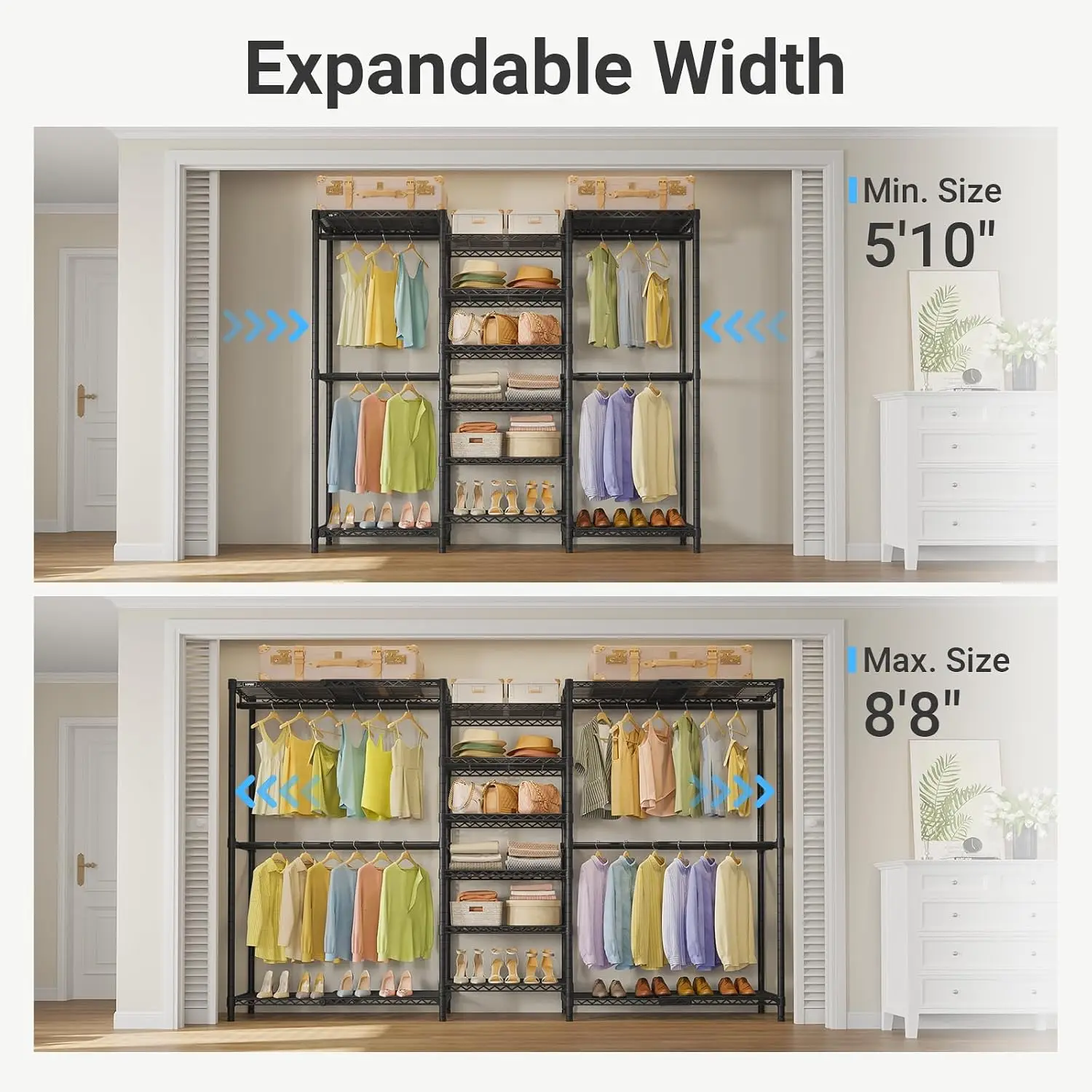 Expandable Closet Rack Organizer Freestanding Clothes Rack Adjustable Shelves & Hanger Rods 5'10