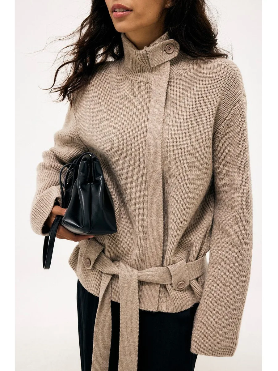 DFDG Women 2026 Spring Autumn Ribbed Knit Sweater Asymmetric Button Turtleneck Self Fabric Belt Drop Shoulder Cinched Cardigan