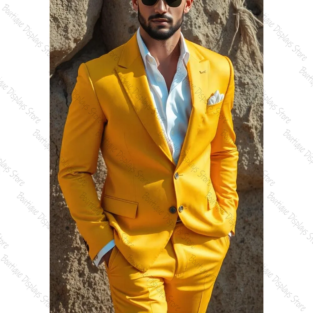 

Bright Yellow Men Suit Single Breasted Peaked Lapel Business Casual Formal Costume Homme Slim Fit 2 Pcs Set Jacket Pants