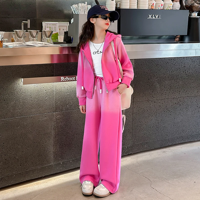 Korean Version Girls Suit Set Spring Autumn Tie-dye Gradient Design  Hooded Zipper Sweater Jacket + Sports Pants 2Pcs Tracksuit