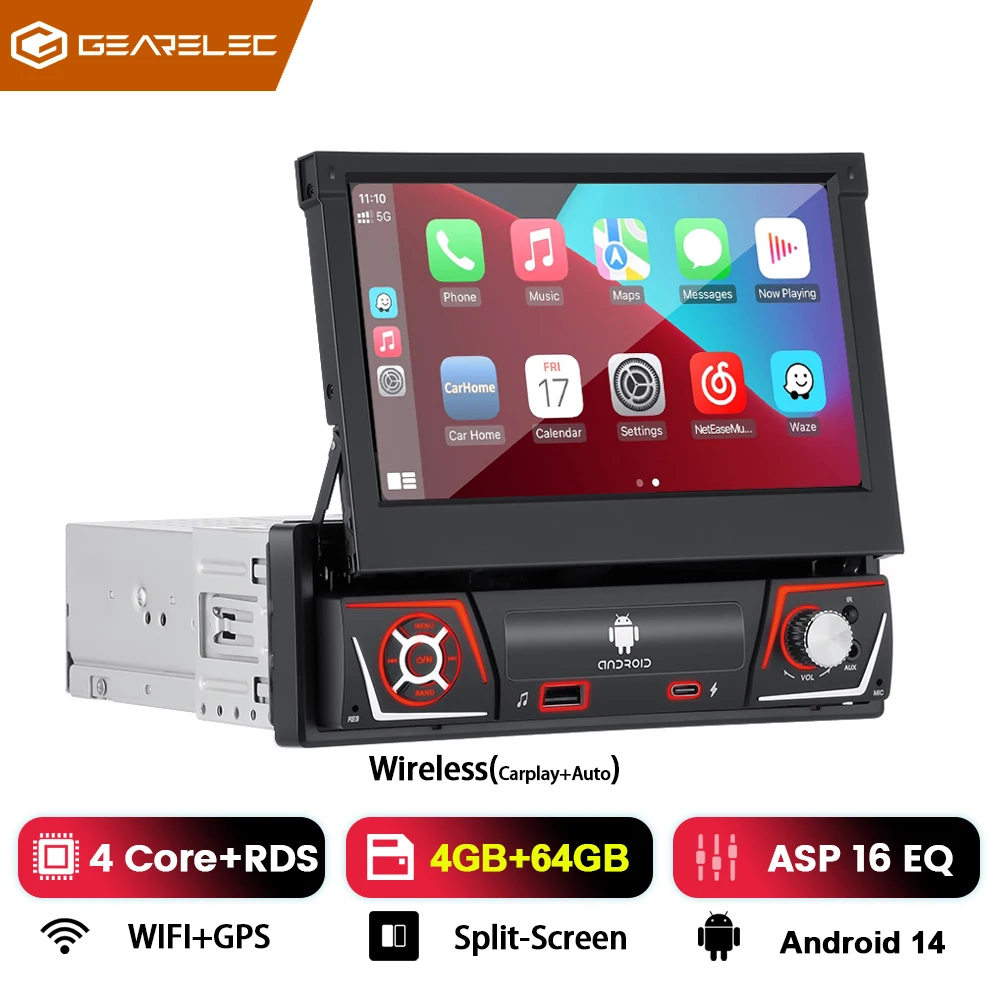 1 Din autoradio met Android Carplay, universeel, 7" IPS intrekbaar scherm, GPS-navigatie, 1Din Android 12 multimedia videospeler