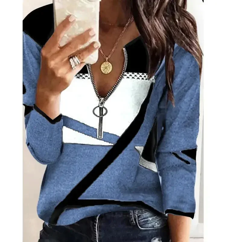 

Color Block Women T shirts Fashion Zipper V-Neck Long Sleeve Spring Autumn New Street Hipster Tops Casual Lady Clothes 2022