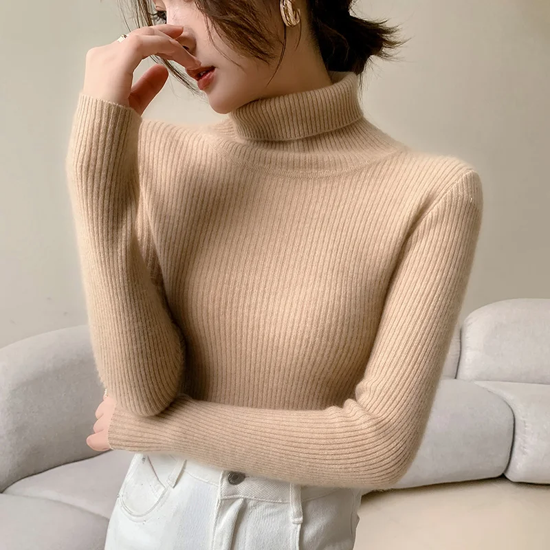 100% cashmere sweater women\'s knitted pullover sweater high neck solid color slim fit soft cashmere basic women\'s sweater