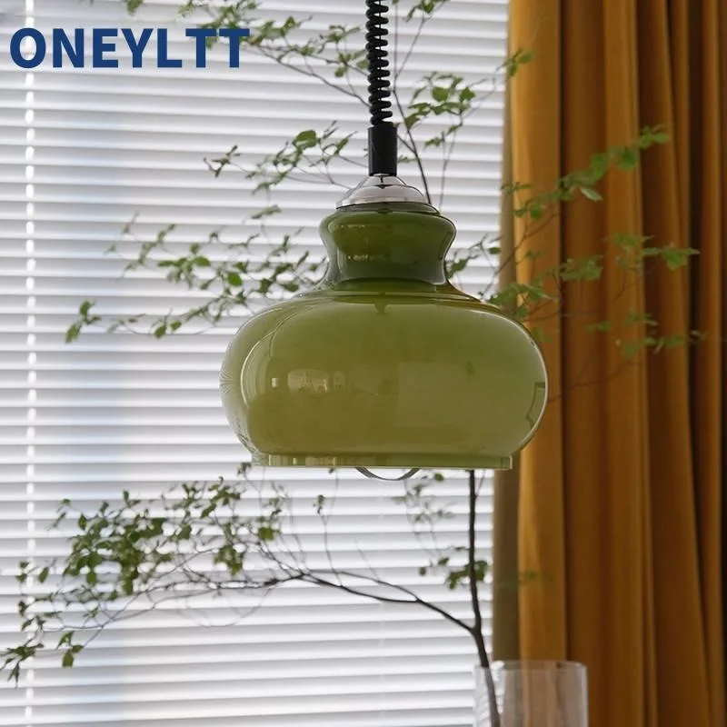 

Medieval Nordic French Vintage Cream Wind Glass Pendant, Postmodern Grass Green Study Room Dining Room Bedroom Lighting