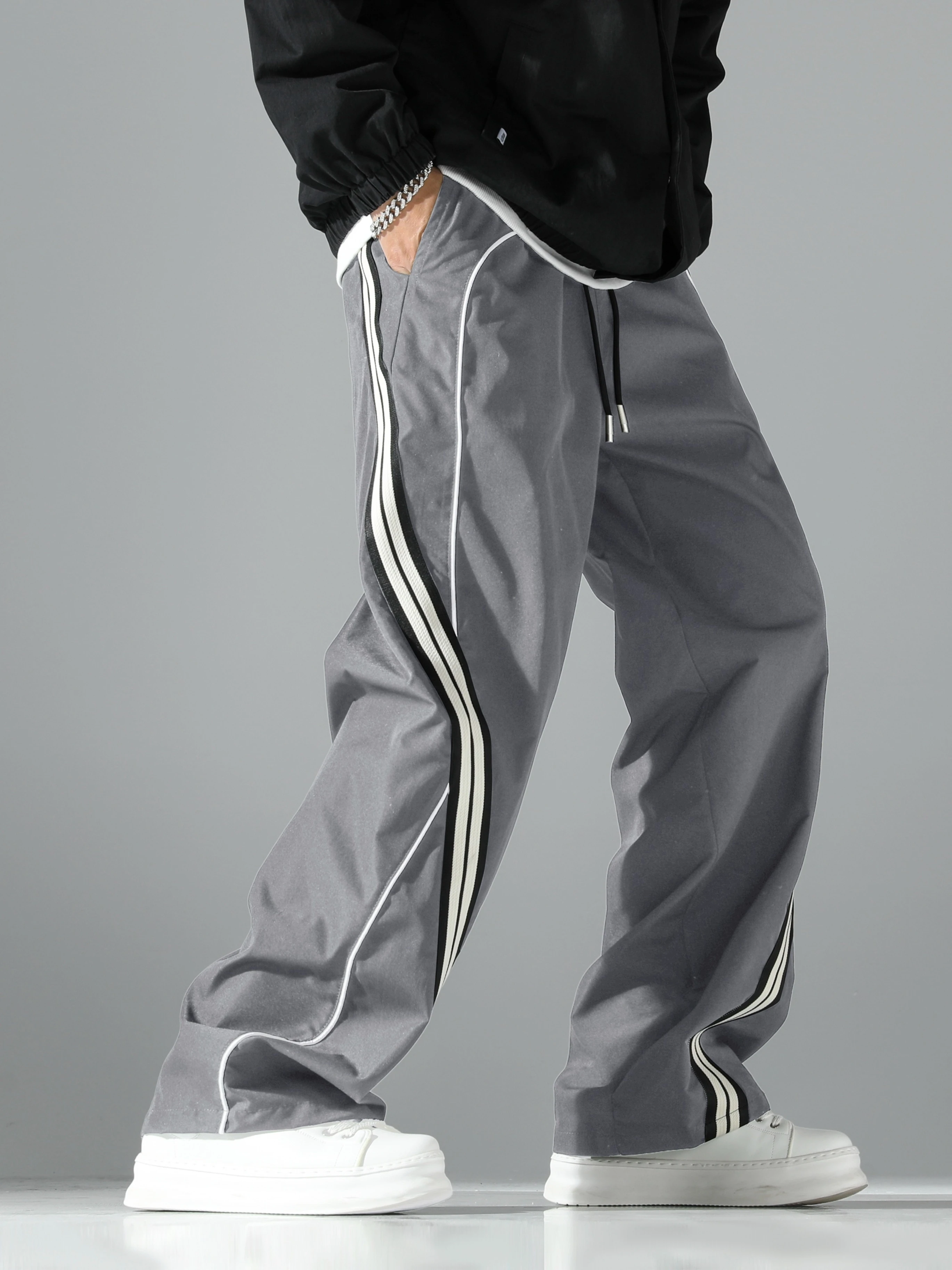 2026 Neue Herren-Trainingshose mit weitem Bein, lässige Hose mit Kordelzug, seitlichem Streifen, locker geschnitten, Streetwear, Paarhose, Kinderhose – Detail 8