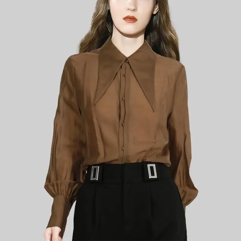 Advanced Feeling Temperament Vintage Coffee Shirt Women 2024 Spring French Unique Flip Collar Long Sleeves Solid Color Shirt