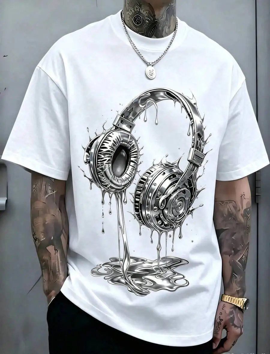1Pc S' Metallic Headphone Splash Print White Tshirt Crew Neck Tee Medium Stretch Knit Fabric Regular Fit For Boys 100% Cotton
