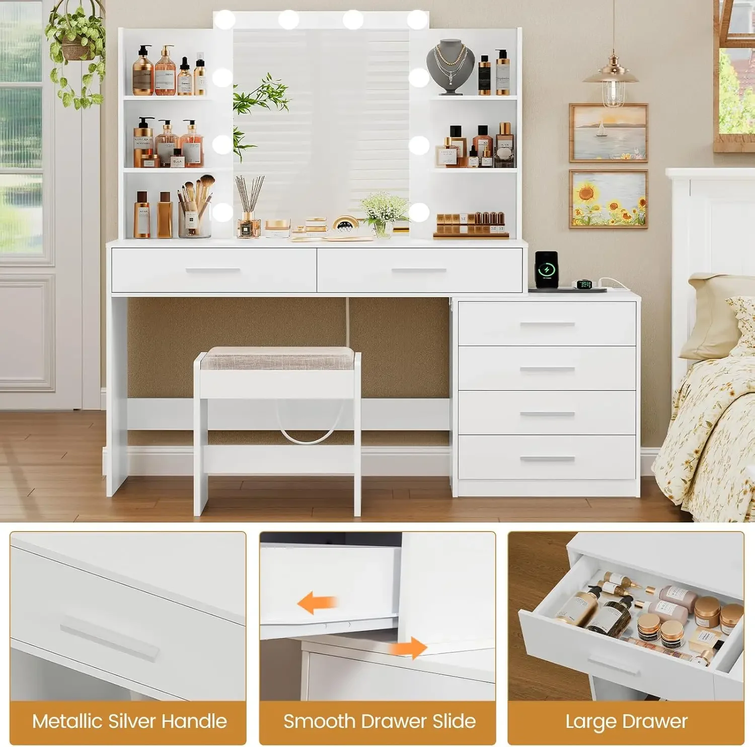 48" Large Vanity Desk with Mirror & Lights, Makeup Vanity Table with 6 Drawers & Power Outlet, 4 Open Storage Shelves,White image 6
