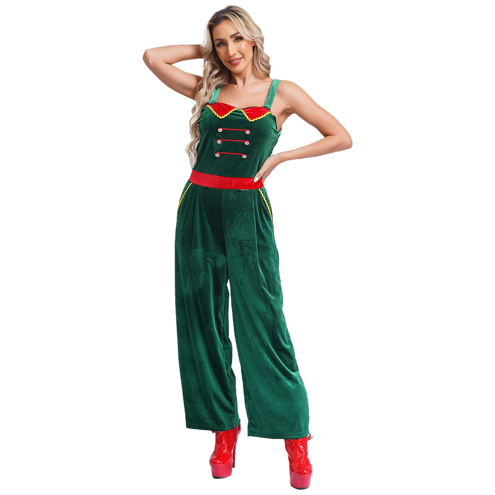 Women Christmas Costume Sleeveless Halter Lapel Button Embellished High Waist Wide Leg Pants Tube Velvet Bodysuit with Pocket