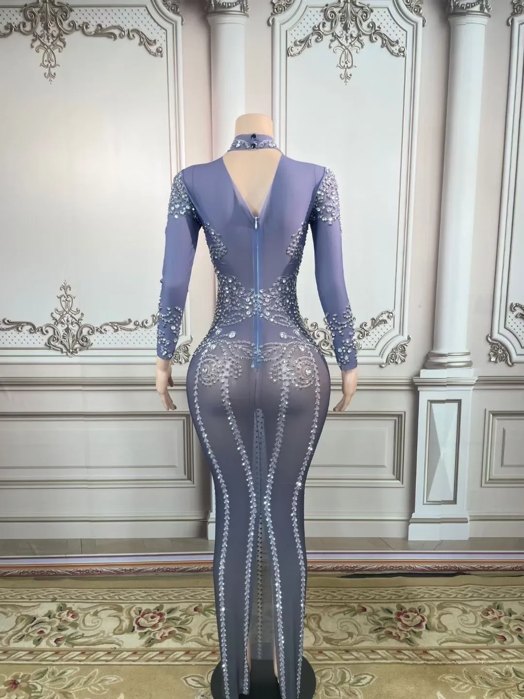 Long Sleeves Shining Rhinestones Sexy Dress For Women Evening Celebrity Clothing Stage Singer Costumes Ballroom Wears Prom Wear