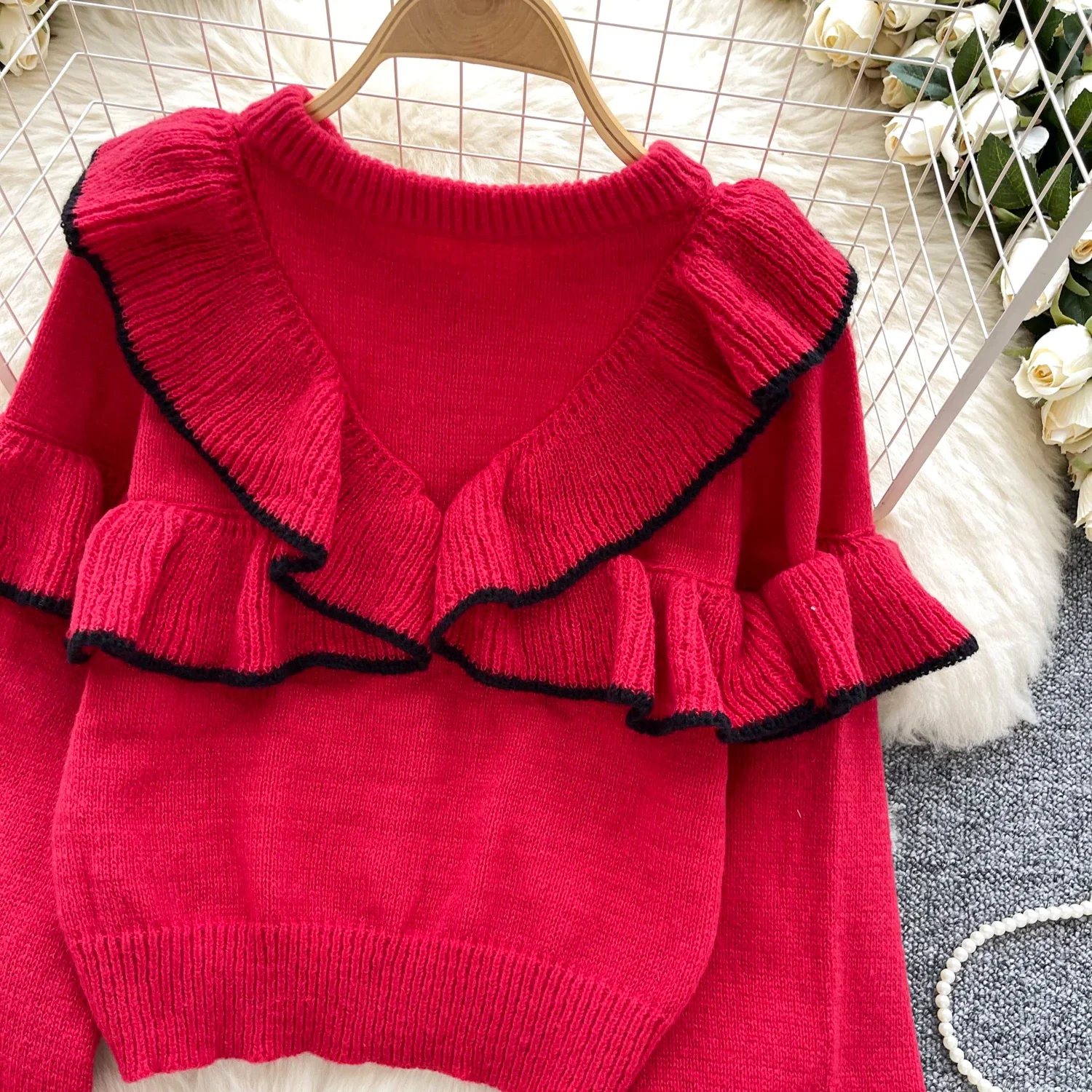 Basics Long Sleeves Vintage O Neck Ruffle Chic Fashion Slim Knit Top French Streetwear High Street Autumn Winter Clothing