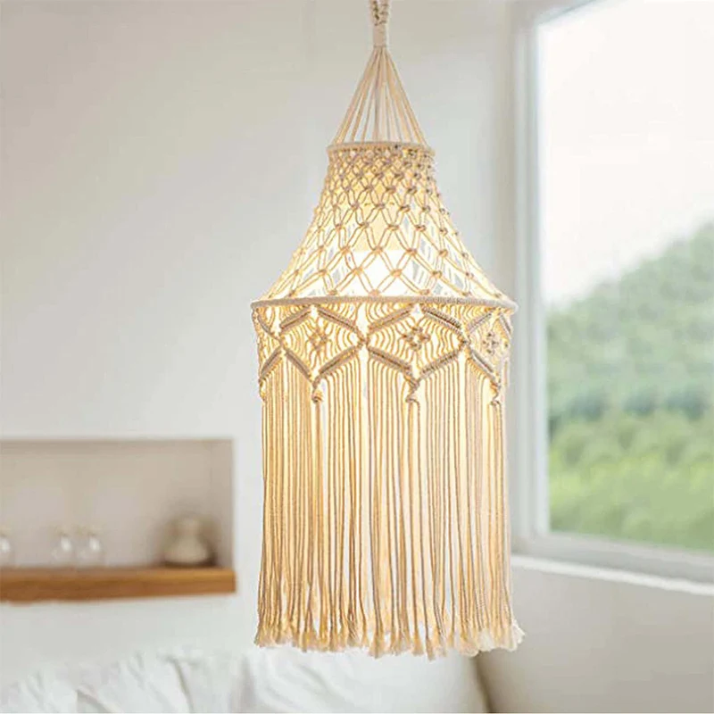 Handwoven Tassel Hanging Lamp Shade Bohemian Macrame Cotton Rope Pendant Lamp Shade Nordic Minimalist Home Decor Lighting