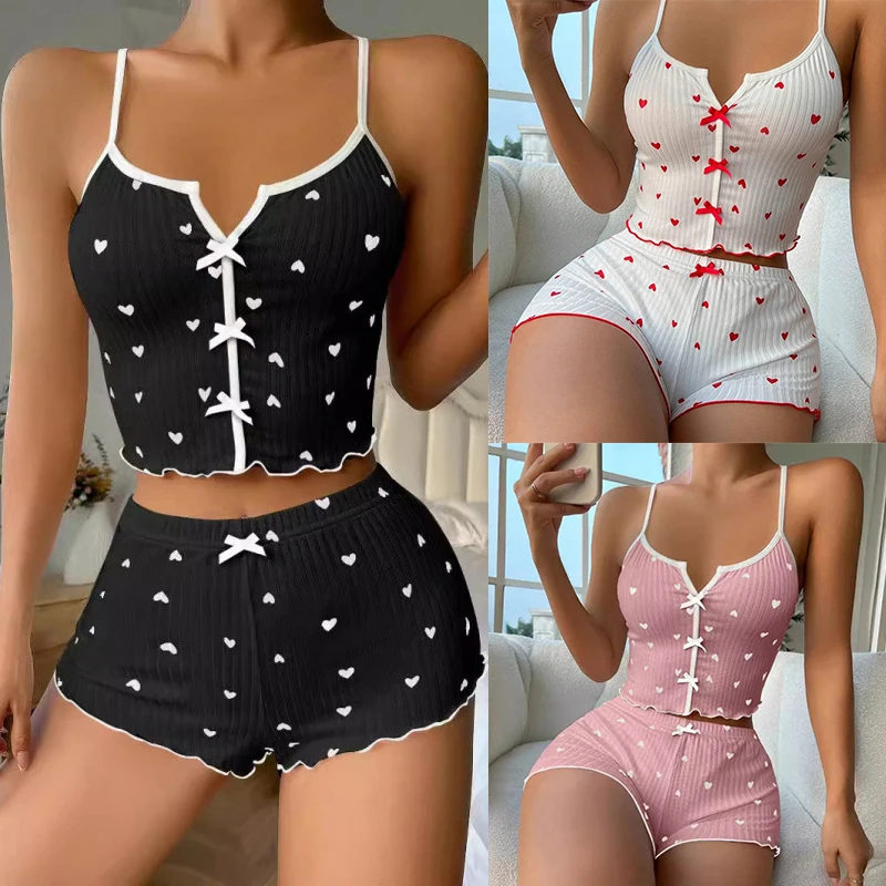 1 Set Sleepwear Women Pajamas Set Heart Print Soft Ribbed Fabric with Flirty Frill Trim Casual Cami Top and Short Set Loungewear image 3