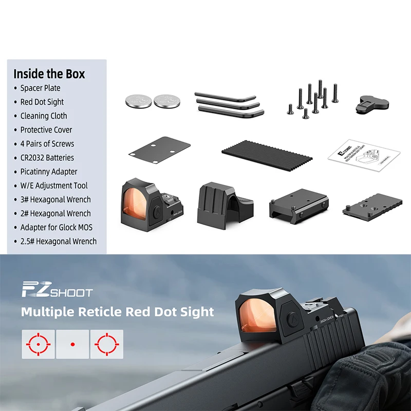 

EZshoot Red Dot Sight 2MOA Dot & 32MOA Circle Motion Awake Full-Sized Reflex Optics Scope with Adapter Plate for MOS & Picatinny