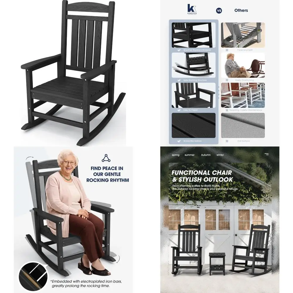 

All-Weather HDPE Outdoor Rocking Chairs, High-Back Patio Rocker for Adults, Black
