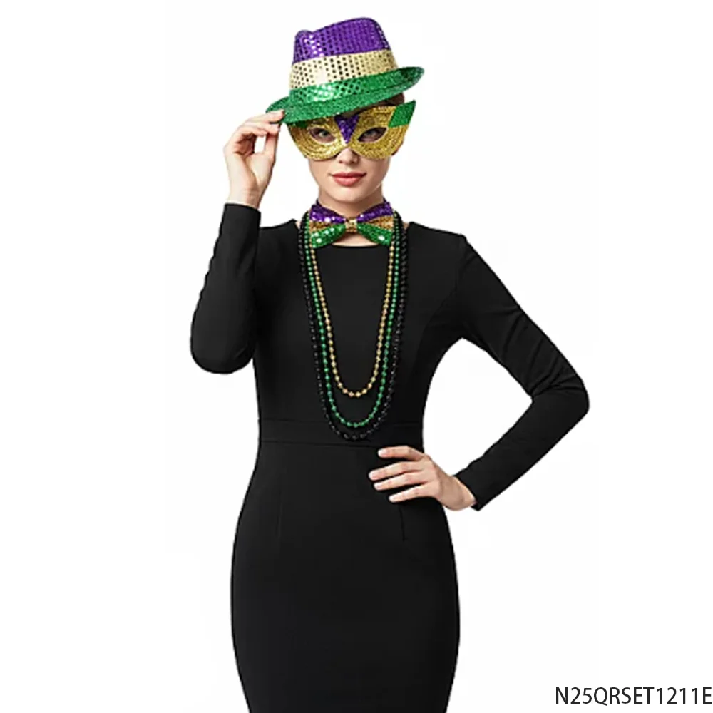 PESENAR Mardi Gras Conjunto de fantasia de lantejoulas Chapéu Máscara de gravata borboleta Colar de contas Acessório de festa