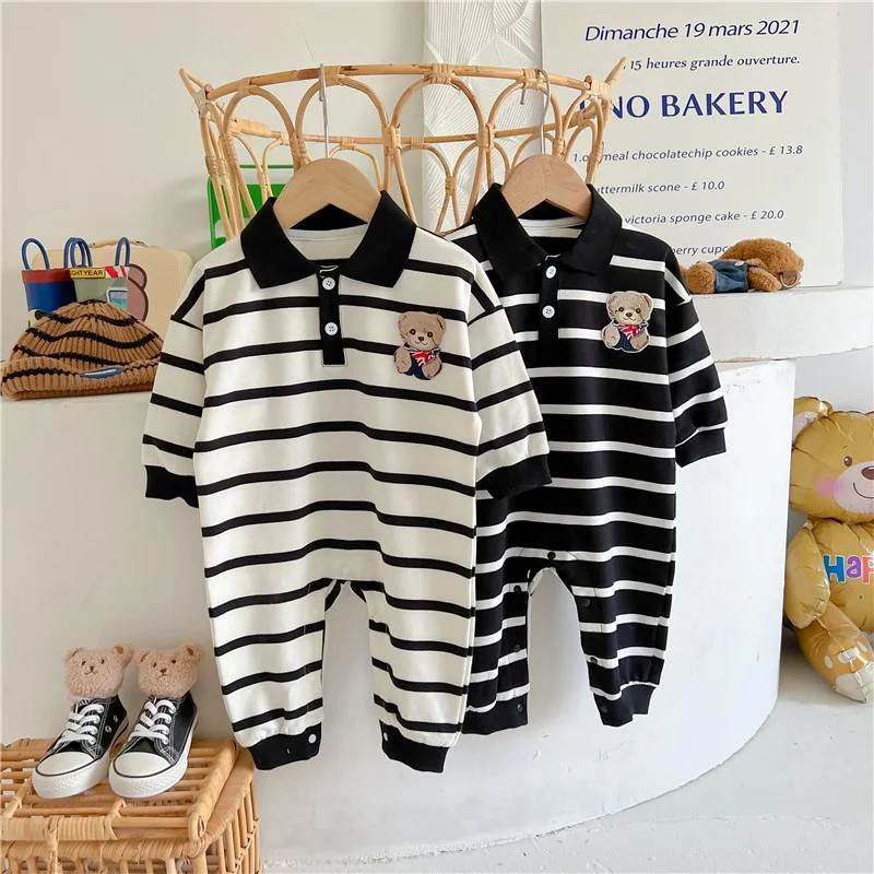 Autumn Baby Clothes Korean Stripe Jumpsuits for Girl Boys Cute Bear Newborn Romper Infant Bodysuits Loose Toddler Clothing