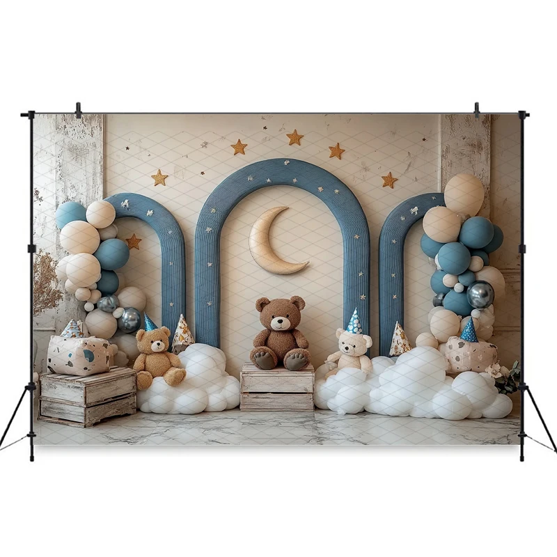 Mocsicka Baby Shower Boy 1st Birthday Photography Backdrops Bear Tapestry Cake Smash Background Newborn Gender Reveal Photoshoot