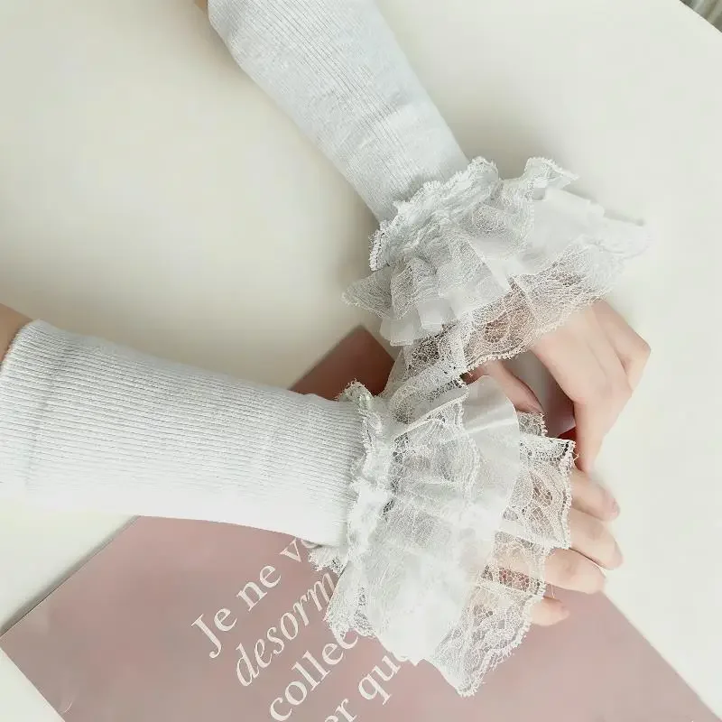 Lace Ruffles Cuff Long Elastic Lolita Knitted Lace Sleeves Arm Covers Wrist Cuffs Winter Sweater Decorative Sleeves