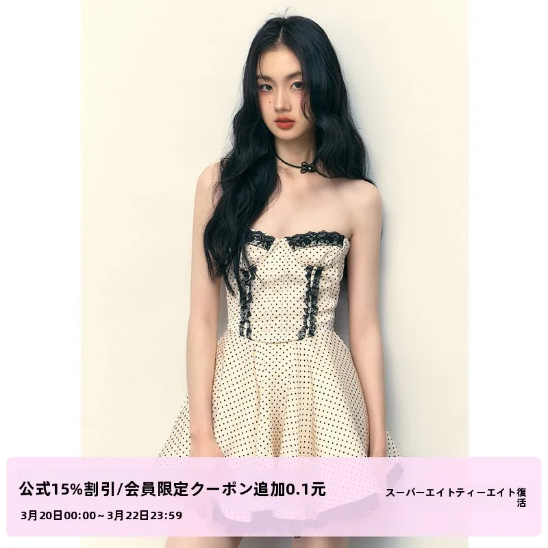 Original Design Satin Polka Dot Lace Trim Tube Dr Women's Spring Summer Fluffy Skirt ort Dr High Waist A-Line Skirt