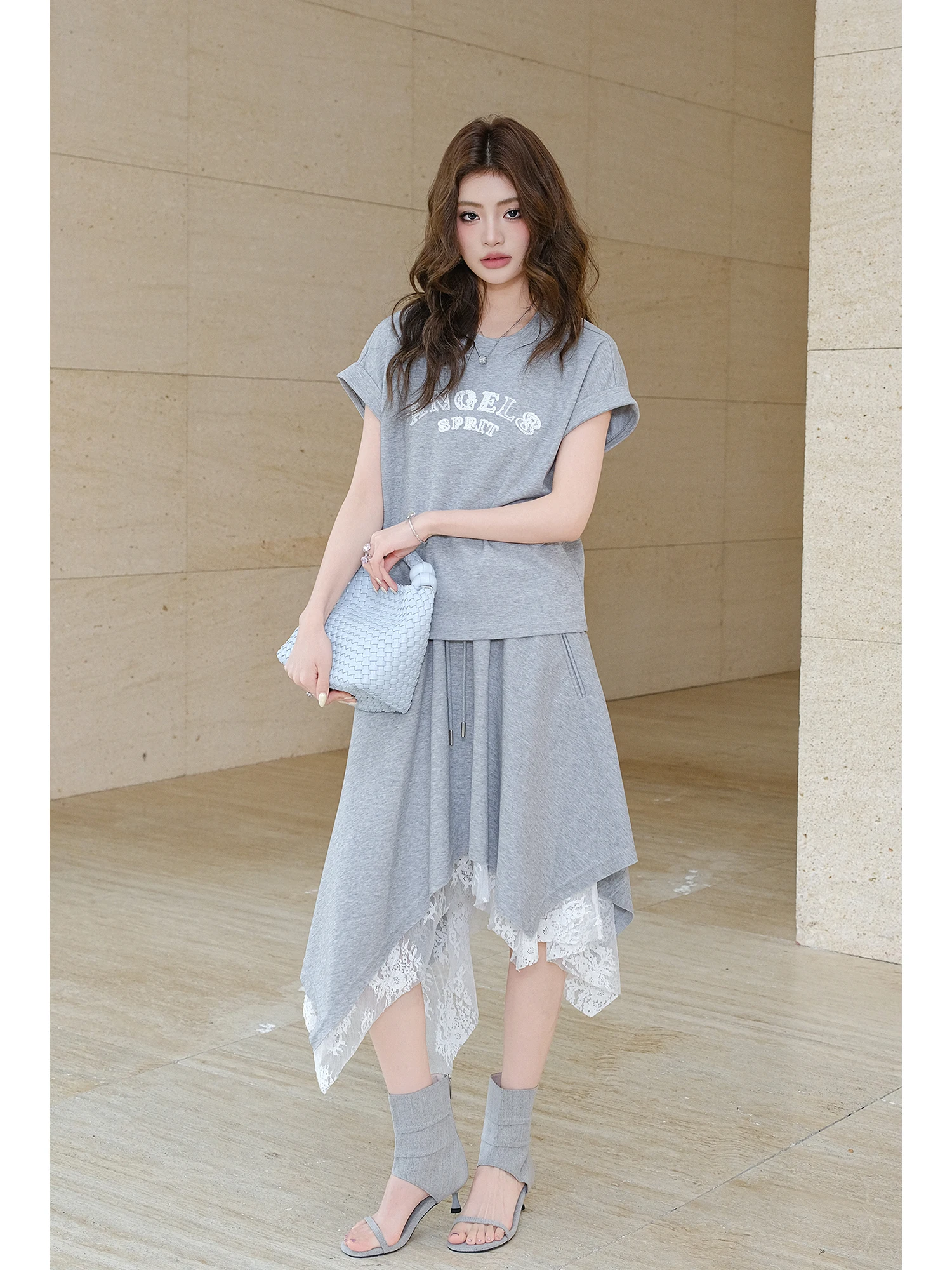 

MIUCO American Cool Letter T-Shirt Lace Asymmetrical Skirt Set Grey Unique Spring 2026 Fashion Casual Women's Outfit