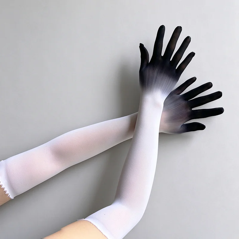 High Elasticity Soft Nylon Gradient Color Long Tight Five-Finger Gloves Women Sexy Party Halloween Gothic Cosplay Performance