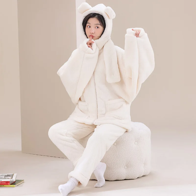 Women Hooded Pajama Set with Built-in Scarf, Thick Fluffy Fleece Zip Sleepwear, Cartoon Bear Print / Solid Color  Home Outfit