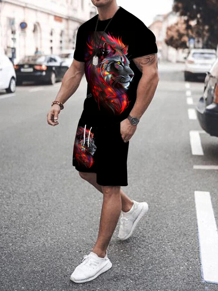 New trendy summer lion 3D printing men's daily street casual short-sleeved T-shirt sports fashion comfortable shorts breathable