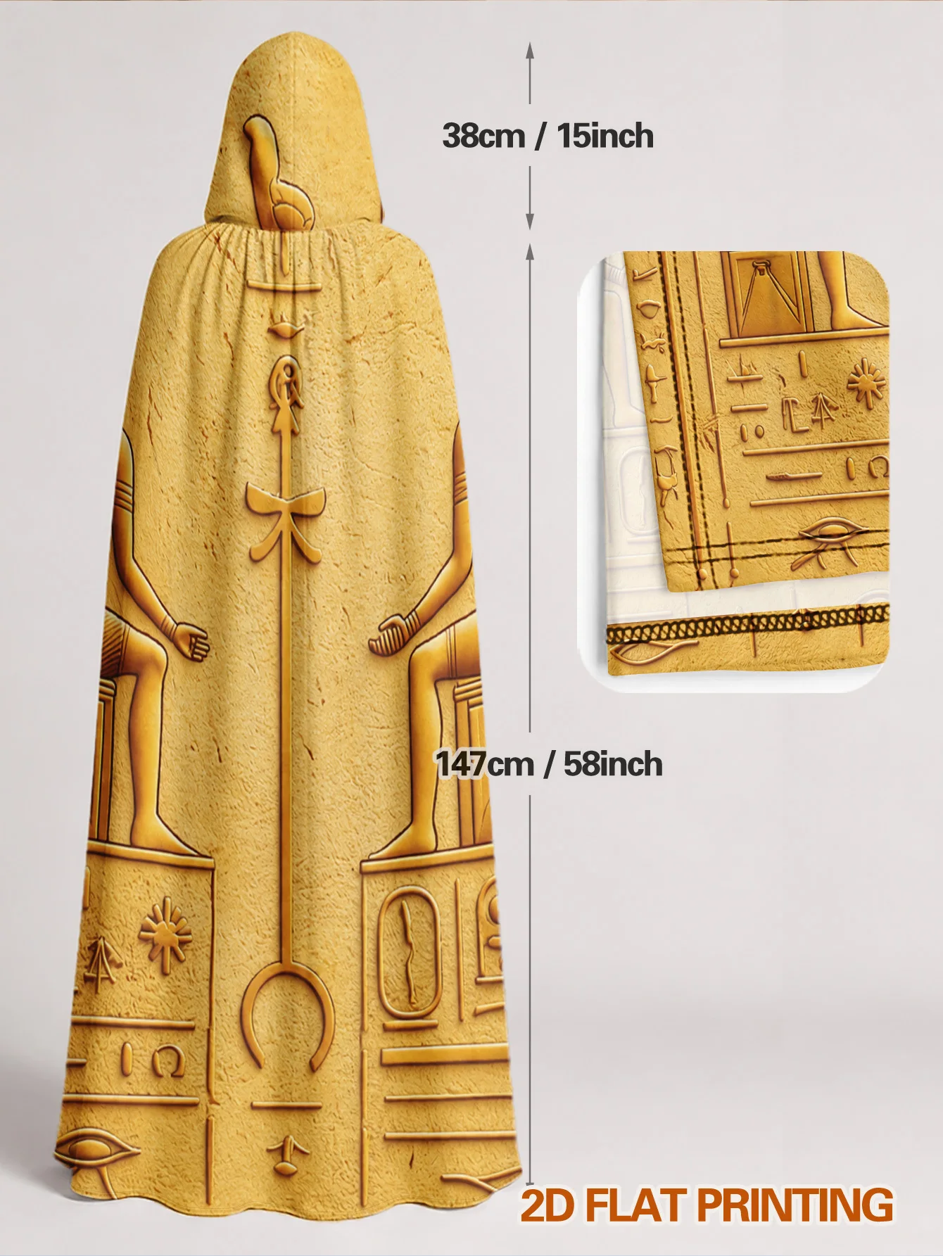 Customization 1pc, Full Length Polyester Hooded Cloak With Ancient Egyptian Relief Art Print, Adult Costume Robe For Halloween view 4