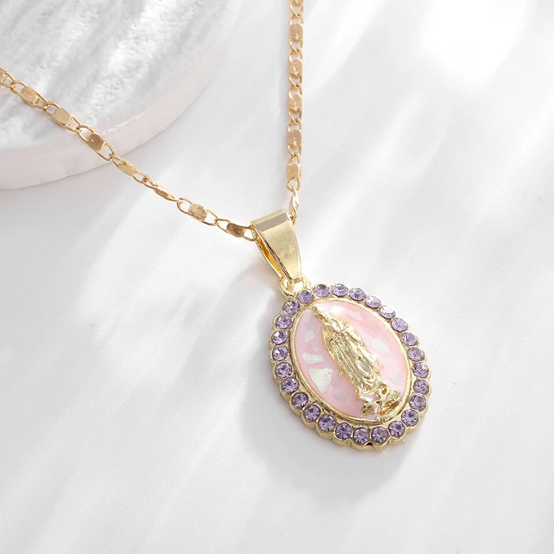 Pink Virgin Mary Good Luck Blessing Zircon Pendant Necklace Women's Christian Amulet Medal Commemorative Jewelry