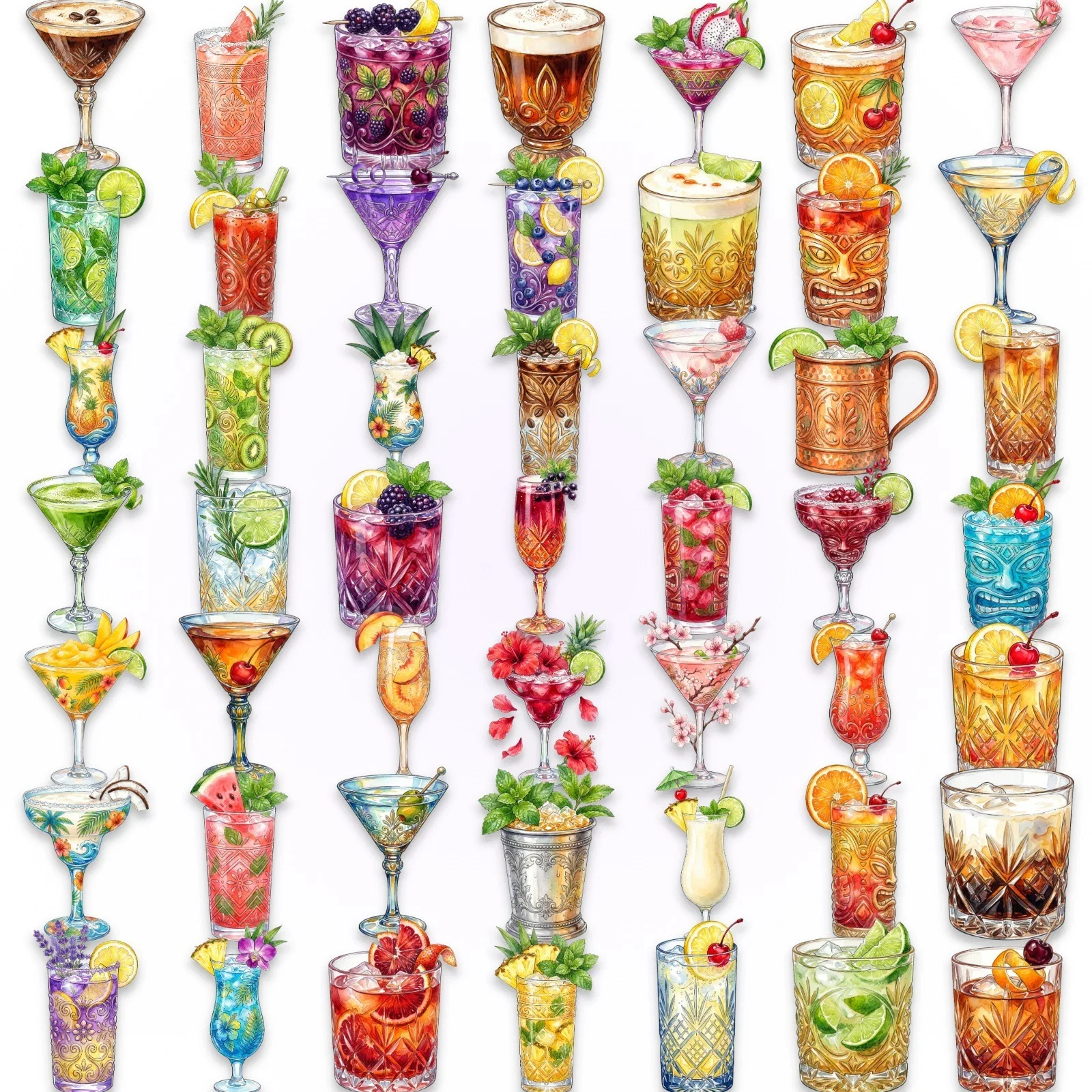 50PCS Vivid Colorful Cocktail Stickers Mixed Drink Pattern Transparent PET Self-adhesive Decals for Scrapbook & Item Decoration