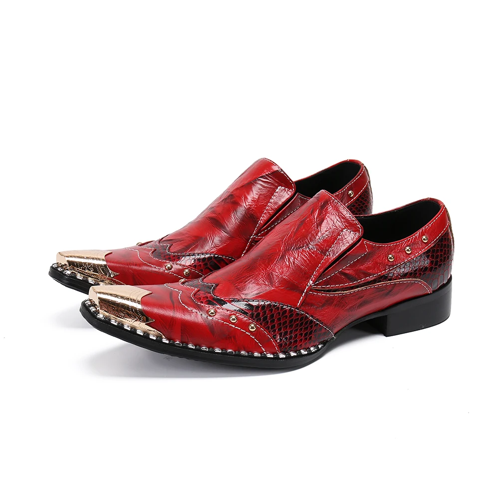 

High Quality New Men Red Genuine Leather Oxfords Gold Steel Toe Slip On Career Business Flats Outdoor Party Dress Shoes