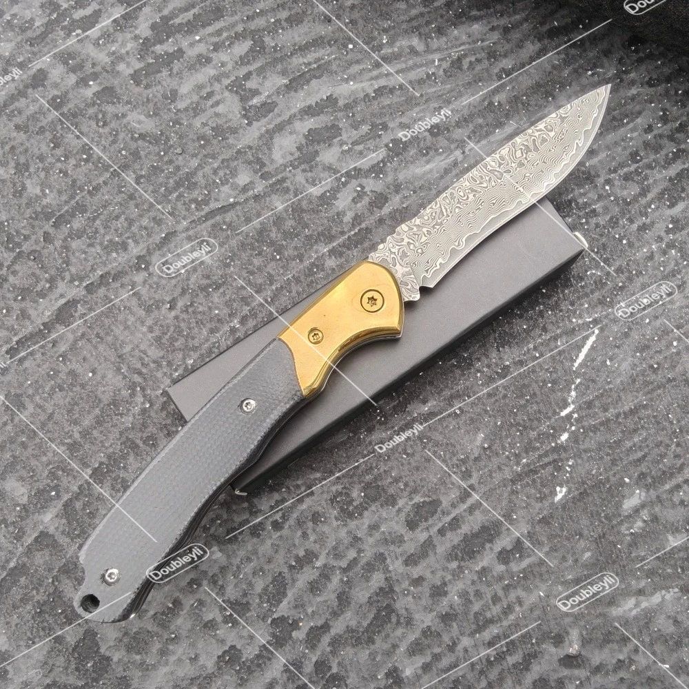 Lightweight Multi-functional Outdoor Adventure Pocket Knife Damascus Steel Folding Knife Micarta + Brass Handle EDC Utility Tool