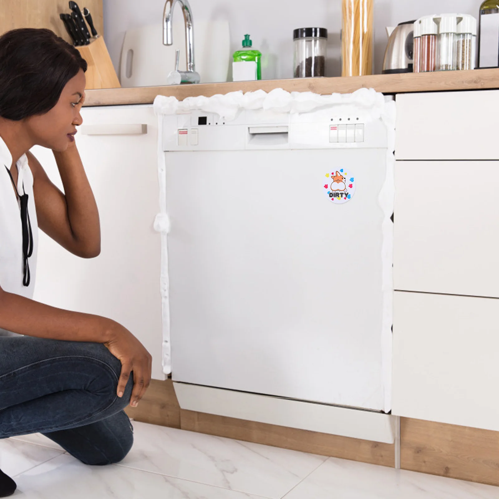 Magnetic Clean Dirty Dishwasher Sign Flip Indicator with Cartoon Pattern Hold for Kitchen Laundry Washer Dryer Double