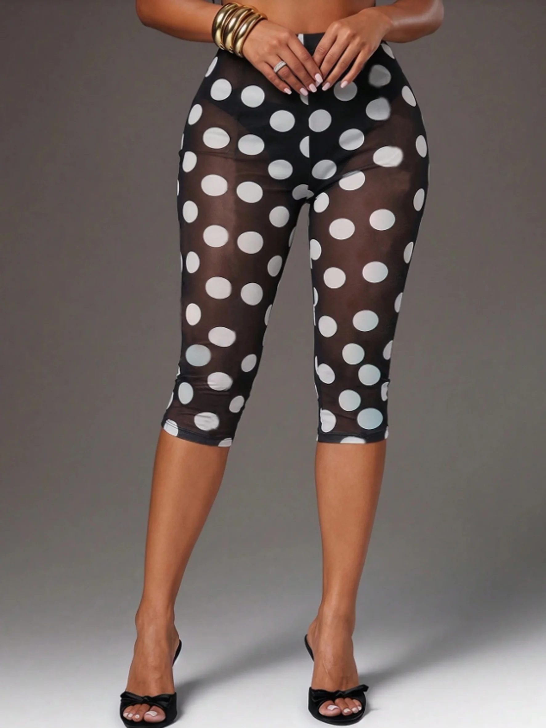French Style Black And White Polka Dot Fitted Sheer Mid-length Pants With No Inner Layer Paired With A Round Dot Tight Base Pant