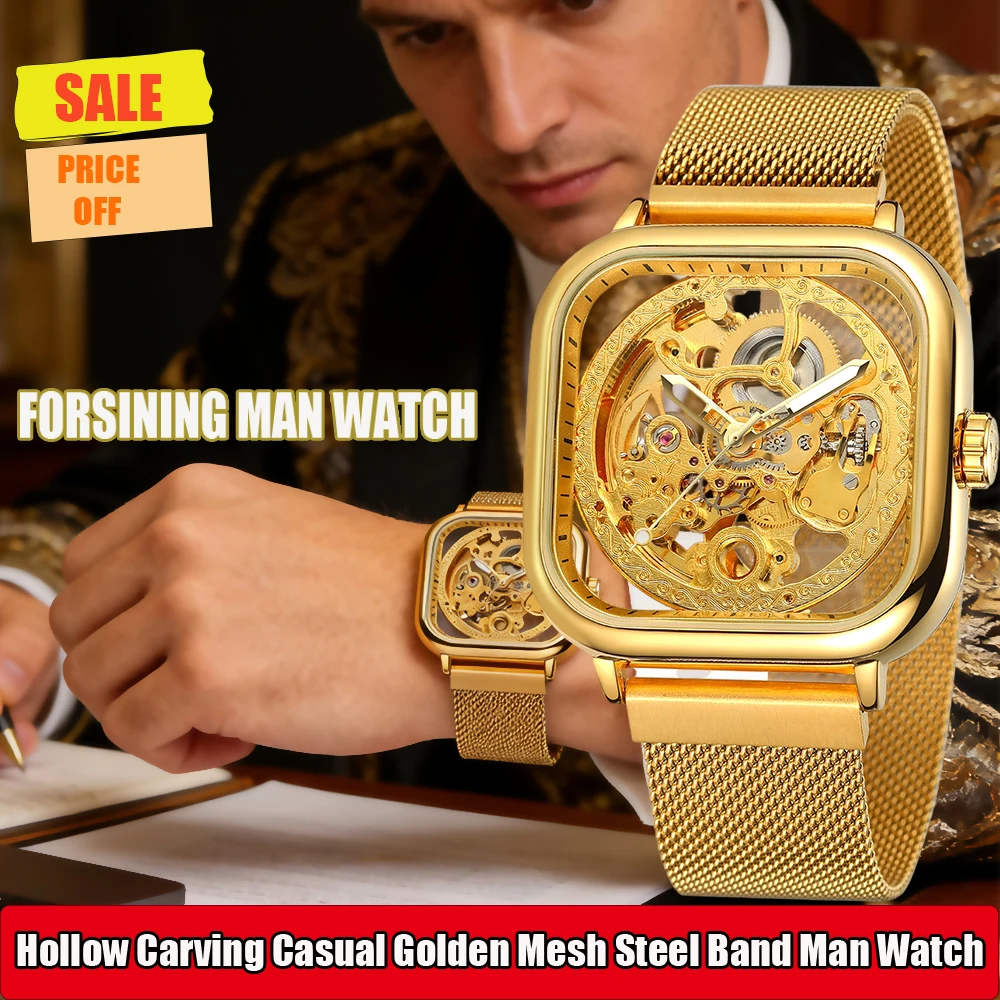 

FORSINING Engraved Men Automatic Skeleton Mechanical Watch Luminous Hands Hollow Carving Casual Golden Mesh Steel Band Man Clock