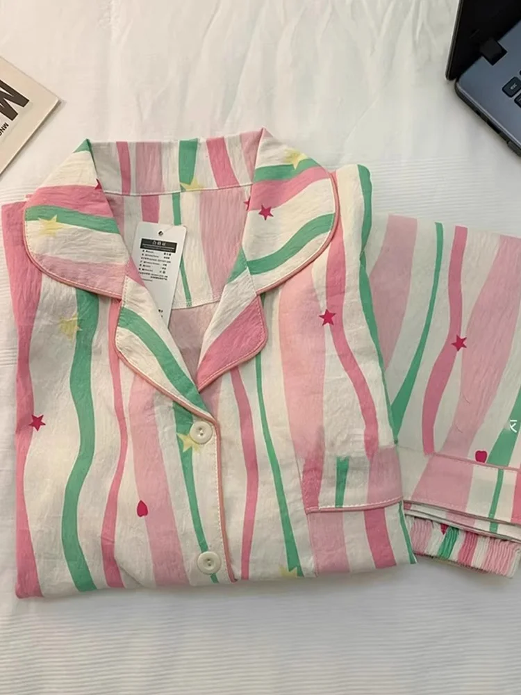 

Spring Autumn Women's Long Sve Striped Spwear Set Large Size Home Clothes Can Be Worn outside Sweet Cute Sle Cotton