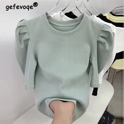 Women Vintage Fashion Puff Short Sleeve Ribbed Knit Basic T-shirt 2024 Summer Elegant Chic O Neck Solid Slim Tops Ropa De Mujer