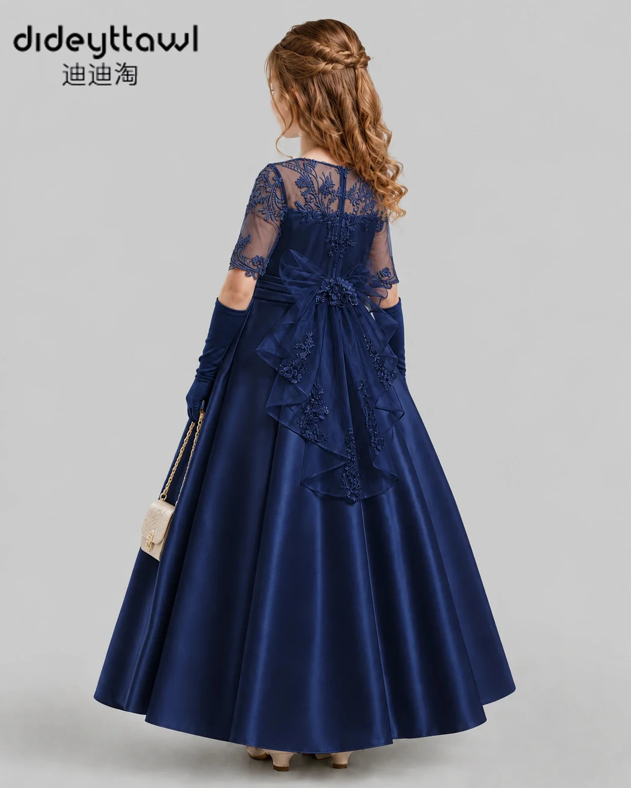 Dideyttawl Lace Satin Formal Dress Half Sleeve Appliques Bow Back Floor Length Flower Girl Wedding Party Gown Multiple Colors