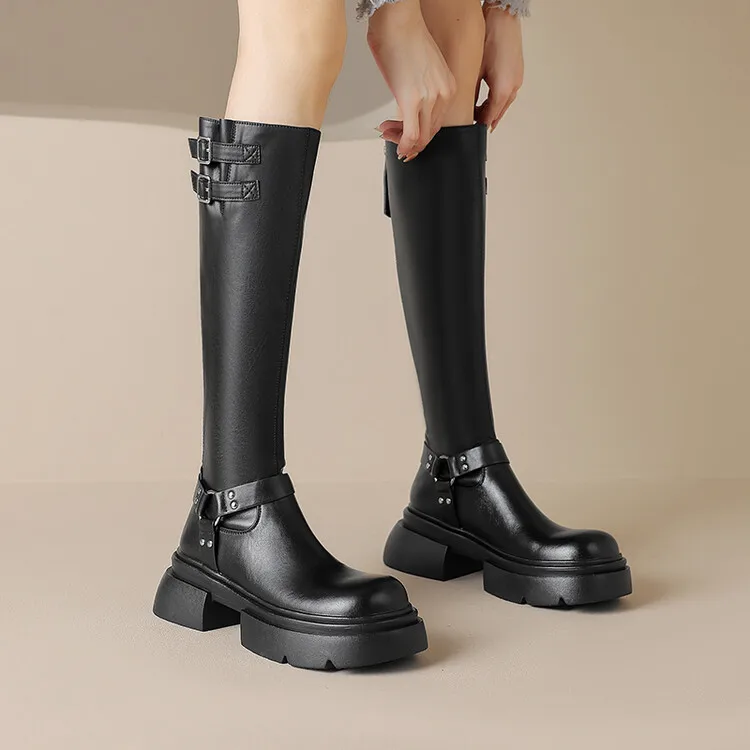 Botas vaqueras occidentales de cuero con hebilla de cinturón de Metal de estilo Punk para mujer, botas Retro de cabeza redonda, tacón cuadrado, cremallera, Sexy, hasta la rodilla