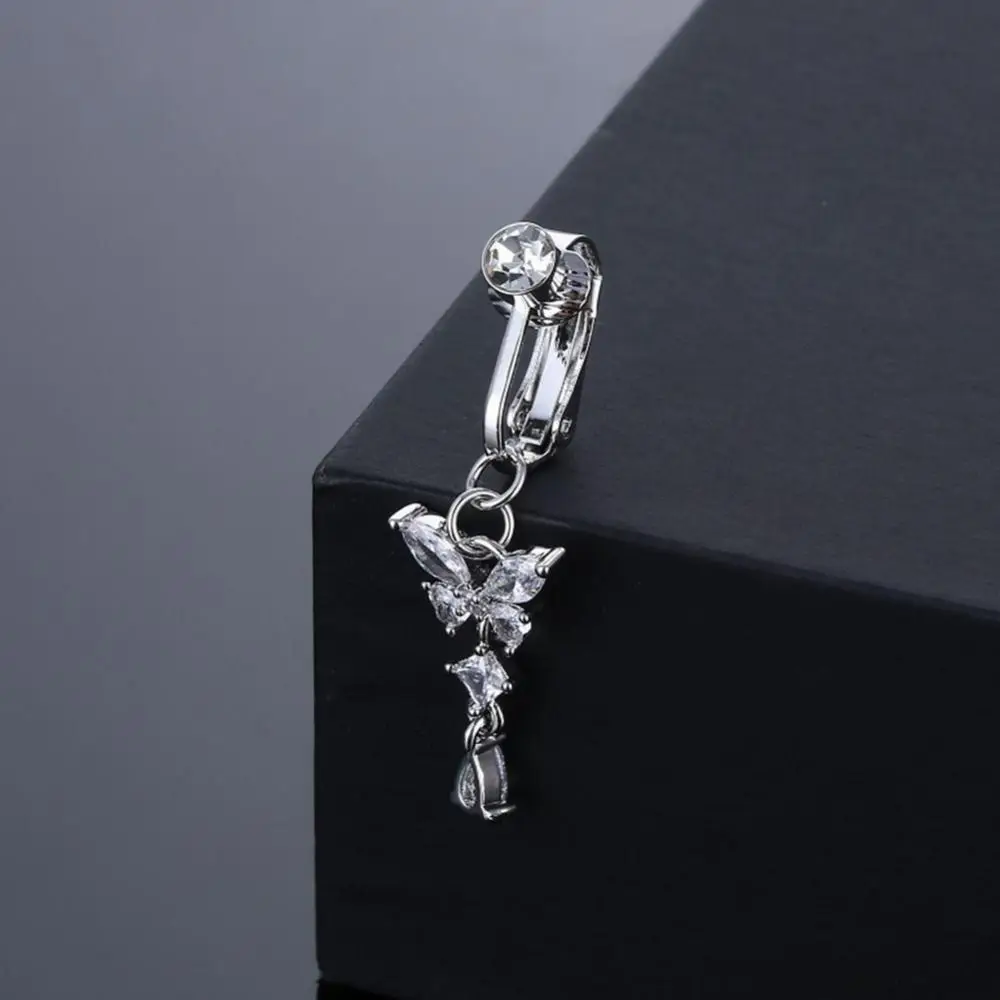 Butterfly Design Clip On Belly Button Zircon Stainless Steel Fake Belly Ring Non Piercing Faux Belly Piercing Fashion Accessory
